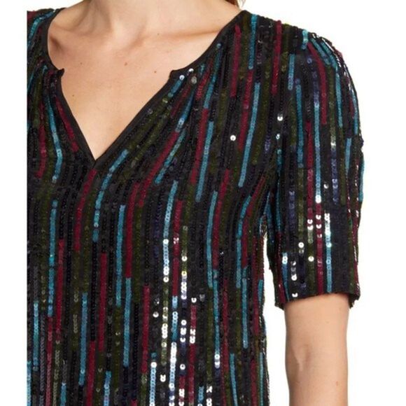 VELVET BY GRAHAM AND SPENCER Multicolor Sequin Short Sleeve Top Medium - Picture 5 of 11
